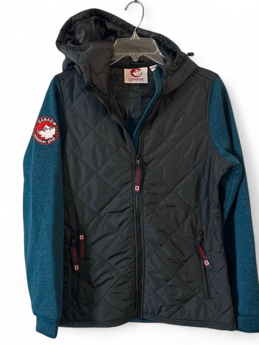 Canada Weather Gear Hybrid softshell knit Black Quilted Jacket Teal Blue Sleeves